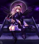  alternate_eye_color alternate_hair_color artist_request black_dress black_wings blonde_hair boots bow closed_fan dress fan floating_hair folding_fan frilled_sleeves frills full_body full_moon hair_bow hairband knee_boots leg_garter lolita_hairband long_sleeves looking_at_viewer moon red_bow rozen_maiden sitting smile solo stairs suigintou wind wings yellow_eyes 