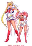 back_bow bishoujo_senshi_sailor_moon blonde_hair blue_eyes blue_sailor_collar boots bow chibi_usa choker double_bun elbow_gloves gloves hand_on_hip heart heart_choker height_difference high_heels knee_boots long_hair magical_girl mother_and_daughter multicolored multicolored_clothes multicolored_skirt multiple_girls one_eye_closed open_mouth pink_eyes pink_footwear pink_hair pink_sailor_collar pleated_skirt pose red_bow ryu_(ryu's_former_site) sailor_chibi_moon sailor_collar sailor_moon sailor_senshi sailor_senshi_uniform shoes short_twintails simple_background skirt standing super_sailor_chibi_moon super_sailor_moon tiara tsukino_usagi twintails v white_background white_gloves yellow_choker 