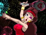  1girl arm_up breasts brown_hair donkey_kong_(series) earrings eyeshadow fireworks hand_up hat jewelry lips long_hair looking_at_viewer makeup mario_(series) mario_tennis nail_polish night night_sky nintendo open_mouth pauline ponytail pose red_skirt skirt sky solo super_mario_odyssey wink 