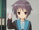  animated animated_gif bangs blue_sailor_collar controller game_console kita_high_school_uniform lowres nagato_yuki remote_control sailor_collar school_uniform screencap serafuku short_hair solo suzumiya_haruhi_no_yuuutsu third-party_edit wii 