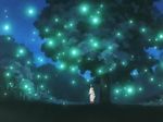  90s arm_up cardcaptor_sakura fireflies green japanese_clothes kimono kinomoto_sakura night screencap solo tree under_tree 