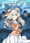  1girl bow brown_hair dress drill_hair eesu goggles goggles_on_head green_eyes grey_hair hair_bow highres long_hair maria_balthasar mecha ribbon robot science_fiction seibzehn skirt sky solo xenogears yellow_bow 