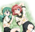  ;) black_skirt blue_eyes grass green_hair igul kneehighs looking_at_viewer lying miyafuji_miina multiple_girls neckerchief on_back one_eye_closed onegai_twins onodera_karen pleated_skirt red_hair sailor_collar school_uniform short_sleeves skirt smile white_legwear 