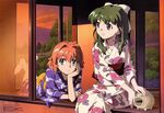  artist_request barefoot blue_eyes building bush chin_rest conductor dusk evening feet_up floral_print green_hair highres indoors japanese_clothes long_hair long_sleeves lying miyafuji_miina multiple_girls on_stomach onegai_twins onodera_karen open_window orange_hair orange_sky plant pole short_hair sitting sky sunlight tree window 