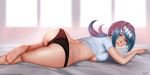  aqua_eyes aqua_hair ass barefoot bed breasts easonx no_bra panties pokemon signed suiren&#039;s_mother_(pokemon) twintails underboob underwear watermark 