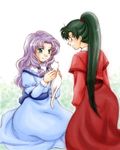  animal artist_request cat dress fire_emblem fire_emblem:_rekka_no_ken florina green_eyes green_hair high_ponytail long_sleeves lowres lyndis_(fire_emblem) multiple_girls ponytail purple_hair red_dress 