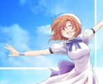  :d ^_^ beret blush bow bowtie breasts closed_eyes cloud covered_nipples day dress happy hat higurashi_no_naku_koro_ni large_breasts midorigi_mura open_mouth orange_hair outdoors outstretched_arms ryuuguu_rena short_hair sky smile solo spread_arms standing wristband 