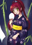  blush fan hair_bun japanese_clothes kimono kousaka_tamaki long_hair long_sleeves otsutama_takashi paper_fan red_hair solo tanabata to_heart_2 twintails uchiwa yellow_eyes yukata 