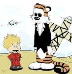  blonde_hair calvin calvin_&amp;_hobbes cosplay hands_on_hips hobbes nicholas_d_wolfwood nicholas_d_wolfwood_(cosplay) open_mouth parody spiffybug tail trigun vash_the_stampede vash_the_stampede_(cosplay) 