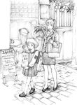  alice_margatroid alice_margatroid_(pc-98) alternate_costume blazer cafe cobblestone contemporary formal graphite_(medium) greyscale high_heels jacket loafers long_sleeves menu_board miniskirt monochrome mother_and_daughter multiple_girls one_side_up pavement pleated_skirt school_uniform shinki shoes skirt touhou touhou_(pc-98) traditional_media wizneko 