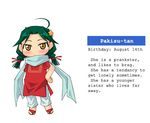  afghanis-tan ahoge braid character_profile english full_body green_hair hair_ornament hand_on_hip jpeg_artifacts long_hair looking_at_viewer lowres pakisu-tan pants red_shirt sandals scarf shirt short_sleeves solo standing star star_hair_ornament text_focus timaking twin_braids white_pants 