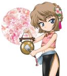  bare_arms black_skirt blue_eyes blue_sash brown_hair chinese_clothes eyebrows_visible_through_hair gong haibara_ai hair_ornament meitantei_conan navel sash short_hair side_slit skirt sleeveless solo wan'yan_aguda 