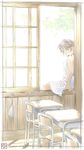  brown_hair chair classroom desk dress green_eyes indoors iuro looking_at_viewer original school_desk sitting sitting_in_window solo through_window white_dress window windowsill 