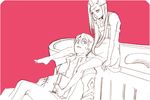  1girl anemone_(eureka_seven) artist_request barefoot dominic_sorel eureka_seven eureka_seven_(series) lap_pillow long_sleeves lowres monochrome red_background sketch 