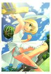  artoria_pendragon_(all) ass blonde_hair blue_dress blue_panties cloud day dimples_of_venus dress fate/stay_night fate_(series) food fruit hat highres leg_lift lens_flare motion_blur panties pantyshot pantyshot_(standing) rubbish_selecting_squad saber sandals scan sky solo standing striped striped_panties suikawari summer sun_hat sword underwear upskirt watermelon weapon 