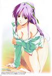  arm_grab arm_support bangs bare_shoulders bed breast_hold breasts cleavage downblouse dress_shirt hair_ribbon horibe_hiderou indoors isaku large_breasts leaning long_hair long_sleeves no_bra no_pants off_shoulder official_art panties pink_panties ponytail purple_hair red_eyes ribbon scan shirt shuusaku solo standing takabe_eri thigh_gap thighs underwear 