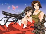  90s bare_shoulders breasts brown_hair browning_hi-power camouflage cleavage dress flower green_eyes gun handgun jewelry kobayakawa_miyuki long_hair looking_at_viewer medium_breasts multiple_girls nakajima_atsuko necklace no_bra pistol red_dress short_hair shotgun smile tank_top trigger_discipline tsujimoto_natsumi wallpaper weapon wind you're_under_arrest 