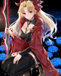  asymmetrical_legwear asymmetrical_sleeves bangs between_breasts black_cape black_legwear blonde_hair blue_flower blue_rose blush breasts buckle cape commentary detached_collar earrings ereshkigal_(fate/grand_order) eyebrows_visible_through_hair fate/grand_order fate_(series) flower fur-trimmed_cape fur_trim glowing gold_trim hair_ribbon highres infinity jewelry kneeling light_particles long_hair looking_at_viewer multicolored multicolored_cape multicolored_clothes necklace night nikek96 outdoors parted_bangs red_cape red_eyes red_ribbon ribbon ripples rose single_sleeve single_thighhigh skull solo thighhighs tiara twintails two_side_up yellow_cape 