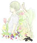  1girl artist_request back-to-back barefoot black_ribbon blonde_hair closed_eyes dress flower from_side green_eyes hair_ribbon hanamoto_hagumi honey_and_clover ribbon shirt simple_background sleeveless sleeveless_dress t-shirt takemoto_yuuta tulip upside-down white_background 