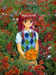  90s argyle argyle_sweater_vest brown_eyes brown_hair field flower flower_field fujisaki_shiori hairband holding kokura_masashi long_hair looking_at_viewer official_art oldschool photo_background poppy_(flower) scan shirt short_sleeves smile solo standing sweater_vest tokimeki_memorial tokimeki_memorial_1 white_shirt 