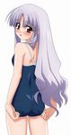  adjusting_clothes adjusting_swimsuit ass azmaria_hendric blush chrono_crusade competition_school_swimsuit from_behind highres looking_back one-piece_swimsuit purple_hair red_eyes school_swimsuit simple_background solo sugimura_tomokazu swimsuit 