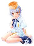  ankle_boots artist_request bisuke-tan blue_footwear blue_ribbon blue_shirt boots food food_on_head full_body honey kfc licking looking_at_viewer no_pants object_on_head pancake ribbon shirt shoelaces short_sleeves silver_hair simple_background solo white_background 