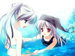  beach game_cg hat multiple_girls nanao_naru nanashi_no_shoujo partially_submerged suika_(game) swimming water 