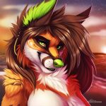  2018 anthro brown_hair canid canine canis chest_tuft eyebrows eyelashes female fur green_eyes green_nose hair headshot_portrait karabela looking_at_viewer mammal outside portrait seaside signature silvixen smile solo tuft wolf 