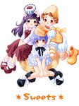  :d animal_hat apron between_legs bisuke-tan blush brown_hair curly_hair dress flower frilled_sleeves frills full_body hair_flower hair_ornament hand_between_legs hat kfc knees_together_feet_apart long_sleeves looking_at_viewer mary_janes multiple_girls nekomata_naomi object_on_head open_mouth orange_legwear parted_lips puffy_short_sleeves puffy_sleeves purple_eyes purple_hair red_dress red_eyes shoes short_hair short_sleeves simple_background sleeves_past_elbows smile socks striped striped_legwear thighhighs white_background white_dress white_legwear zettai_ryouiki 