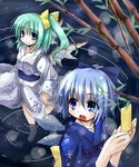  alternate_costume bangs blue_bow blue_eyes blue_hair bow cirno collarbone daiyousei eyebrows_visible_through_hair eyes_visible_through_hair green_hair hair_bow japanese_clothes kimono long_sleeves looking_at_viewer multiple_girls night obi open_mouth sash short_hair side_ponytail tanabata tanzaku touhou tree wading wings yellow_bow yukata yuuki_eishi 