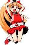 \o/ akazutsumi_momoko arms_up belt bow bracelet dress fingerless_gloves gloves hair_bow hyper_blossom jacket jewelry long_hair open_mouth orange_hair outstretched_arms ponytail powerpuff_girls_z red_eyes shoes simple_background smile solo white_background yuu_(kfc) 