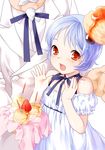  1girl birthday bisuke-tan blue_hair colonel_sanders food food_as_clothes fruit kfc nekomata_naomi object_on_head strawberry string_tie 