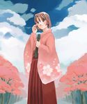  artist_request blush brown_hair cherry_blossoms cloud day graduation japanese_clothes long_sleeves original sky solo tears 