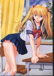  arm_support bow desk izurumi leaning long_hair loose_socks neon_genesis_evangelion non-web_source panties pleated_skirt school_uniform serafuku skirt socks solo souryuu_asuka_langley standing underwear white_legwear white_panties 