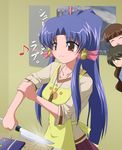  2girls :3 akasaka_saki aoba_kozue apron bell blue_hair chanohata_tamami cooking eighth_note fictional_persona hair_bell hair_ornament jingle_bell knife mahoraba multiple_girls musical_note paw_print ponytail red_eyes shiratori_ryuushi sleeves_pushed_up yellow_apron 