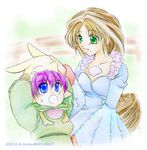  1girl :d :o ^_^ artist_request blue_dress blue_eyes blush bud_(lom) closed_eyes collarbone crystal dress green_eyes lady_pearl legend_of_mana long_sleeves looking_up lowres monster on_head open_mouth pearl pink_hair pointy_ears rabite seiken_densetsu short_hair smile sweatdrop upper_body 