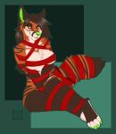 2018 4_toes anthro arms_tied bdsm bondage bound breasts brown_hair canid canine canis claws eyebrows eyelashes female fur gift_wrapped green_claws green_eyes green_nose hair half-closed_eyes karabela legs_tied looking_at_viewer mammal mightymsmoka nude ribbons signature sitting smile solo stripes toe_claws toes wolf 