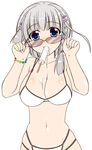  artist_request bikini blue_eyes breasts food glasses hair_ornament hairclip large_breasts mouth_hold popsicle seolla_schweizer silver_hair solo super_robot_wars swimsuit 