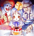  2boys afro birthday bisuke-tan blue_hair bow bowtie cake colonel_sanders food fruit glasses horror_(theme) kfc long_sleeves mcdonald's multiple_boys nekomata_naomi object_on_head pastry ronald_mcdonald strawberry string_tie 