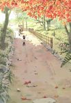  2girls autumn autumn_leaves child fence iuro leaf multiple_boys multiple_girls original path road tree waving 