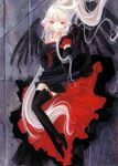  black_gloves black_legwear blonde_hair brown_eyes chobits clamp dress elbow_gloves fake_wings freya_(chobits) frills gloves gothic long_hair lying solo thighhighs white_hair wings 