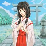  artist_request black_hair blush gohei hakama japanese_clothes long_hair long_sleeves miko oonusa original red_hakama shide smile solo stone_lantern torii 