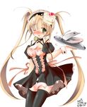  2005 amafuku_amane blonde_hair blush cake copyright_request food fork long_hair solo thighhighs tray twintails very_long_hair waitress 