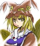  angry blonde_hair fox_tail hat kukyo lowres multiple_tails oekaki pillow_hat short_hair solo tail touhou white_background yakumo_ran yellow_eyes 