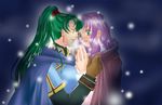  artist_request cape fire_emblem fire_emblem:_rekka_no_ken florina green_hair high_ponytail hug long_sleeves lyndis_(fire_emblem) multiple_girls pink_hair ponytail snowing 