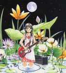  amplifier brown_hair cable closed_eyes dress electric_guitar fairy flower full_moon guitar headphones instrument jewelry long_hair lotus minigirl moon music necklace night night_sky original oversized_object plant sky solo sorame star_(sky) starry_sky surreal wading water 