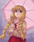  braid eyebrows_visible_through_hair hair_over_shoulder holding holding_umbrella long_hair long_sleeves oekaki one rain red_skirt satomura_akane school_uniform skirt solo twin_braids umbrella zen 