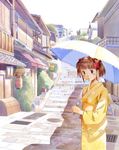  blush_stickers brown_eyes brown_hair iuro japanese_clothes kimono lantern long_sleeves original paper_lantern parasol road short_hair solo stairs street twintails umbrella 