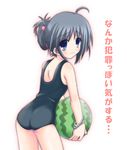  ahoge copyright_request food from_behind fruit holding holding_food holding_fruit one-piece_swimsuit school_swimsuit solo swimsuit tatsuhiko watermelon 