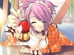  akizuki_nagi blush breasts cake chocolate closed_eyes feeding food fruit itou_noiji jpeg_artifacts large_breasts long_sleeves peace@pieces pink_hair pov_feeding pudding smile solo spoon strawberry waitress 